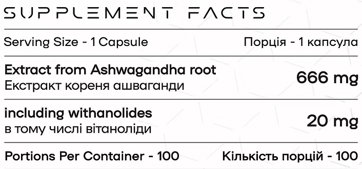 Экстракт Корня Ашвагардхи Ashwagandha 665 мг - 100 капсул 22664-01 фото