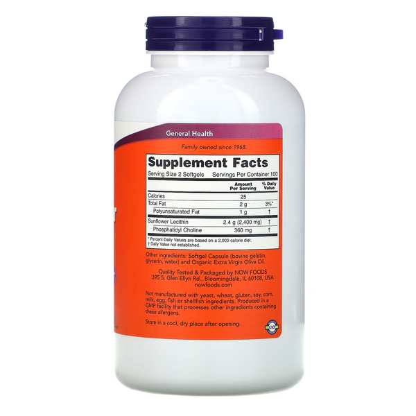 NOW Соняшниковий Лецитин, Sunflower Lecithin 1200мг - 200 софтгель 2022-10-1324 фото